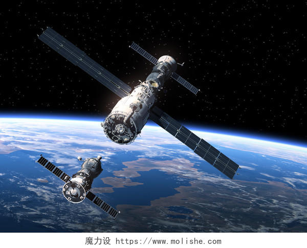 3D场景航天器和地球轨道上运行的国际空间站航天日